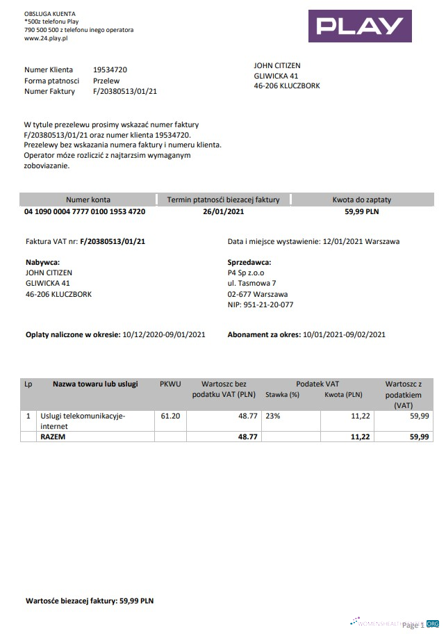 download download Poland Play utility bill template in Word and PDF format PDF template PDF template